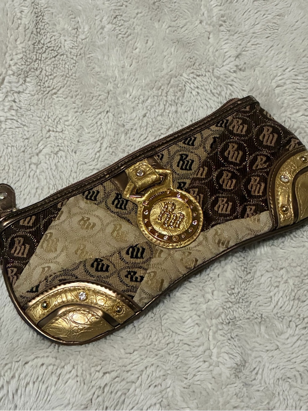 Rocawear Brown & Tan Monogram Key Card Wristlet with Gold Accents